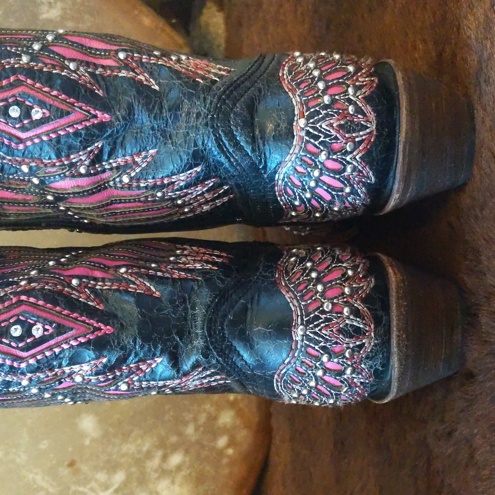 CORRAL A1049 pink/black Wing & cross snip toe blingy cowgirl western boots sz 6 - Picture 12 of 16